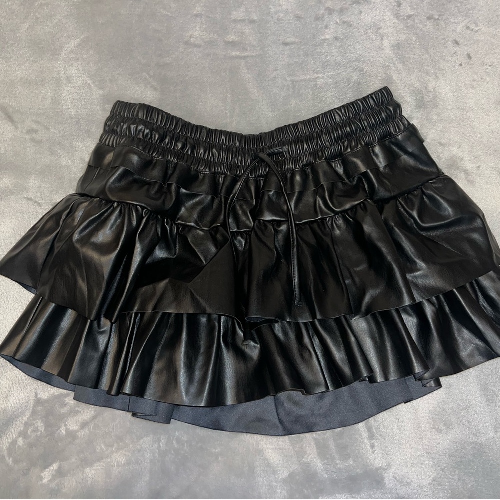 Faux Leather Black Ruffled Skirt